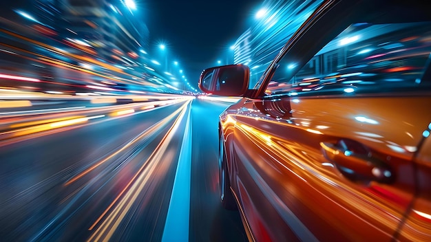 Foto un automóvil de clase ejecutiva acelerando en la autopista por la noche reflejado en el espejo lateral concepto fotografía de automóviles nocturnos reflexiones del acelerador de la autopista en el reflejo lateral