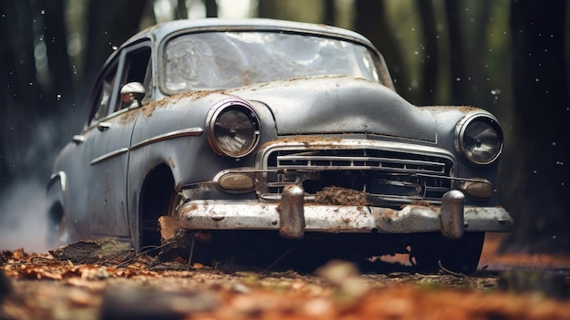 Automóvil clásico abandonado en una tala forestal