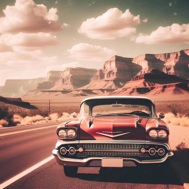 Foto un automóvil clásico de estilo vintage en la ruta 66 con un telón de fondo de película del desierto para una sensación nostálgica