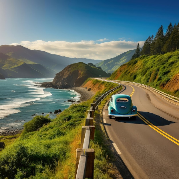 Un automóvil clásico viajando a través de un paisaje majestuoso