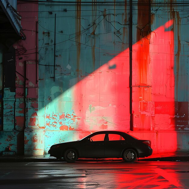 El automóvil como silueta de la sombra de la lámpara de la calle en la pared Foto creativa alargada de fondo elegante