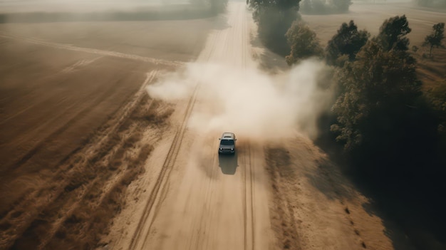 Un automóvil conduce por un camino de tierra con una nube de humo en el aire.