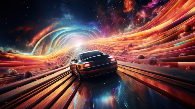 Un automóvil conduce en el espacio en un camino de arco iris