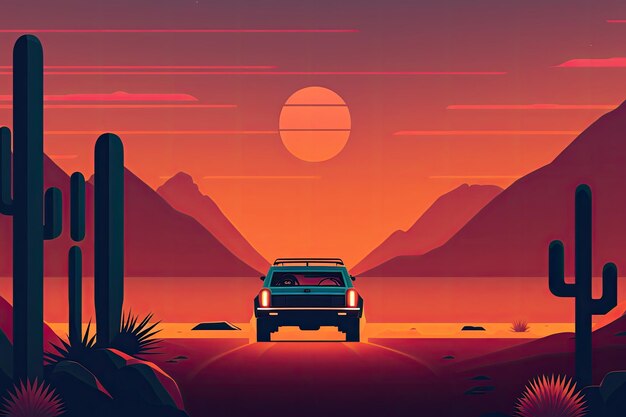 Automóvil conduciendo por un largo camino del desierto durante una hermosa puesta de sol IA generativa