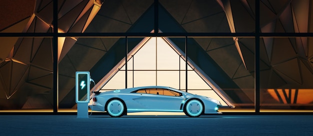 El automóvil deportivo de concepto general sin marca está estacionado frente al moderno edificio de diseño triangular. Representación 3d