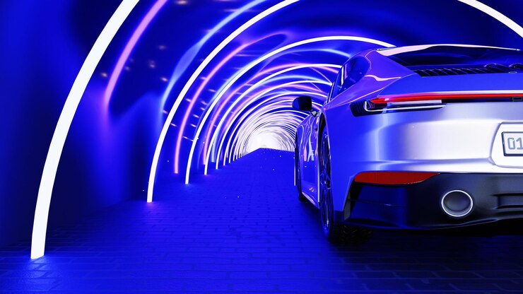 Un automóvil deportivo futurista conduciendo a través de un túnel de neón