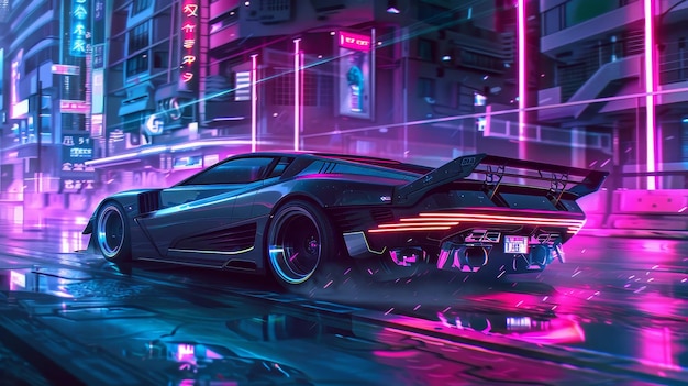 Foto un automóvil deportivo futurista a la deriva a través de una ciudad cibernética iluminada por neón. ilustración generada por ia