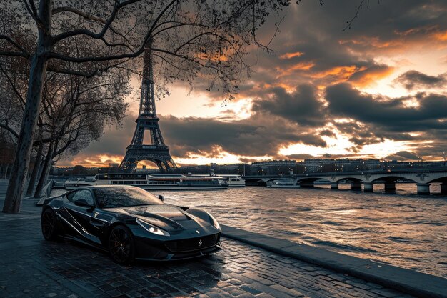 Un automóvil deportivo negro está estacionado frente a la icónica Torre Eiffel en París, Francia Un automóvil esportivo estacionado cerca de la Torre Eiffel Generado por IA