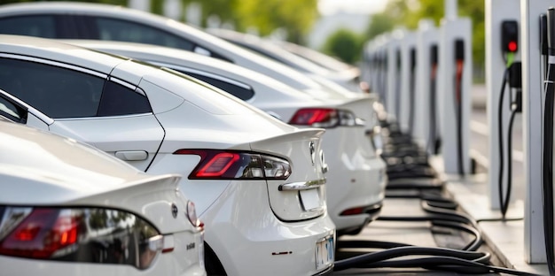 Foto un automóvil eléctrico se está cargando en una estación de carga generativa ai