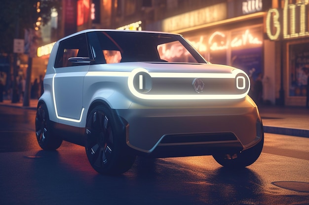 Un automóvil eléctrico futurista está estacionado frente a un letrero de neón que dice "inteligente".