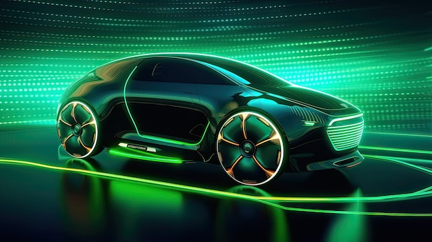 Un automóvil eléctrico futurista con iluminación verde de movimiento Innovación automotriz y conceptos tecnológicos Generativo Ai