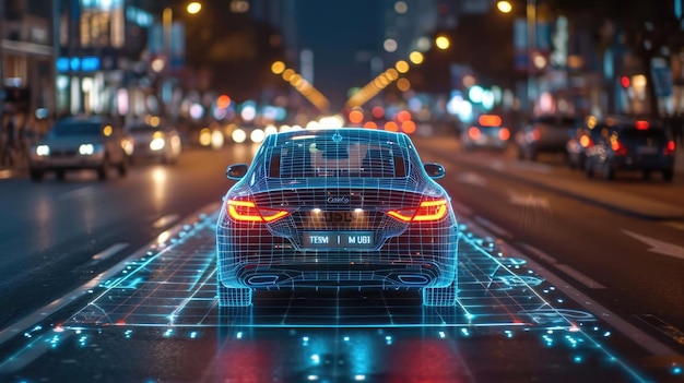 Foto automóvil eléctrico moderno autónomo con piloto automático en la carretera de la ciudad por la noche