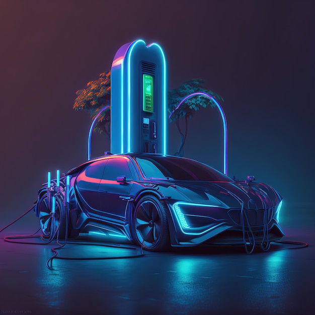 Un automóvil eléctrico de neón futurista se está cargando desde una planta de energía Ilustración 3d del vehículo eléctrico