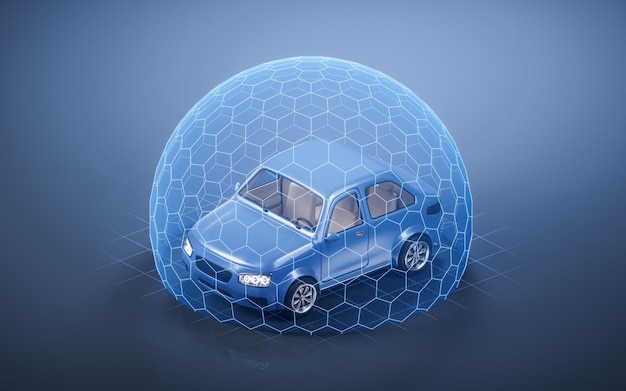 Automóvil de estilo 3D realista con representación 3D del escudo de protección