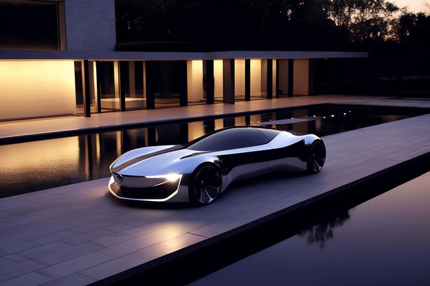 Un automóvil futurista estacionado en un muelle cerca de una piscina