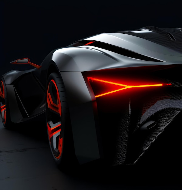 El automóvil futurista se muestra con luces rojas en el lateral del automóvil IA generativa