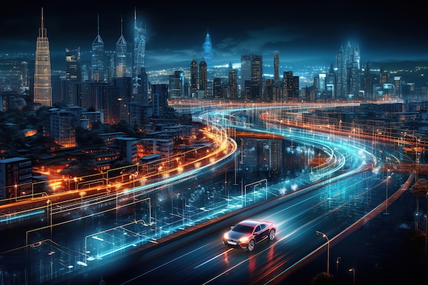 El automóvil del futuro obtendrá electricidad a partir de energías renovables. El concepto de ciudad inteligente de los automóviles que circulan en una generación futurista de IA.