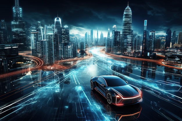 El automóvil del futuro obtendrá electricidad a partir de energías renovables. El concepto de ciudad inteligente de los automóviles que circulan en una generación futurista de IA.