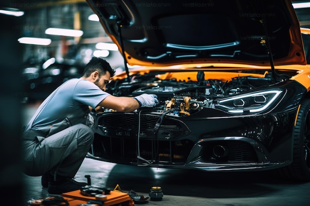 Foto automóvil moderno en reparación en una estación de servicio técnicos calificados que trabajan en el vehículo para garantizar su rendimiento óptimo ia generativa