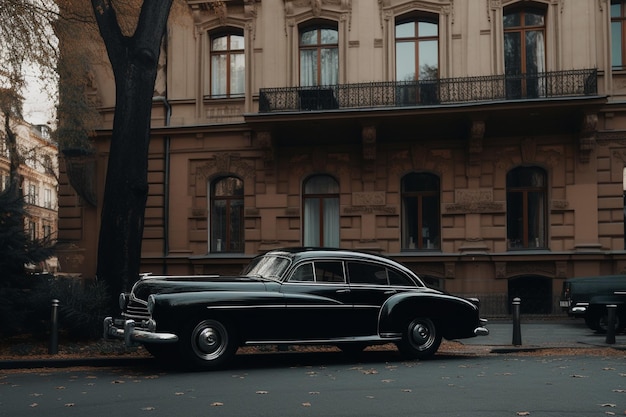 Un automóvil negro está estacionado frente a un edificio que dice 'autos antiguos'