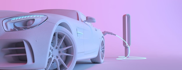 El automóvil o vehículo eléctrico blanco está cargando la batería desde el cargador eléctrico 3d o ilustrador