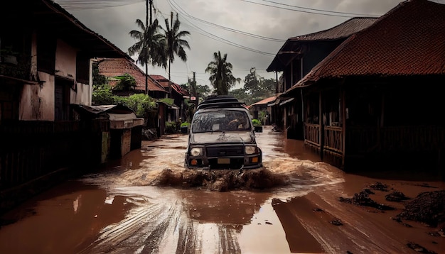 El automóvil pasa por un área de carretera inundada en la temporada de lluvias con tecnología de IA generativa