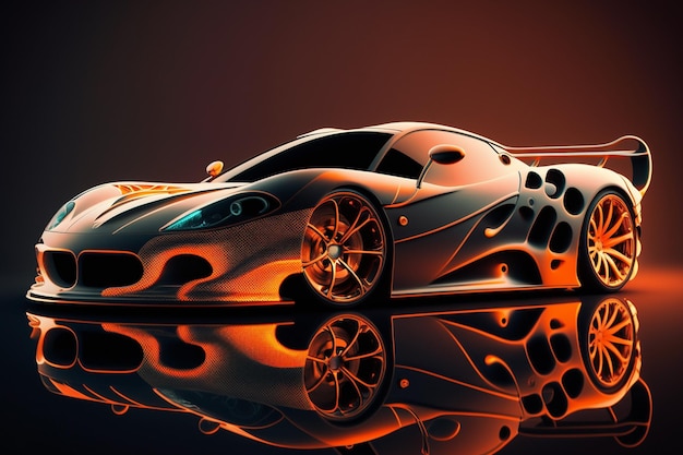 Un automóvil con pintura negra y naranja está sobre una superficie reflectante.