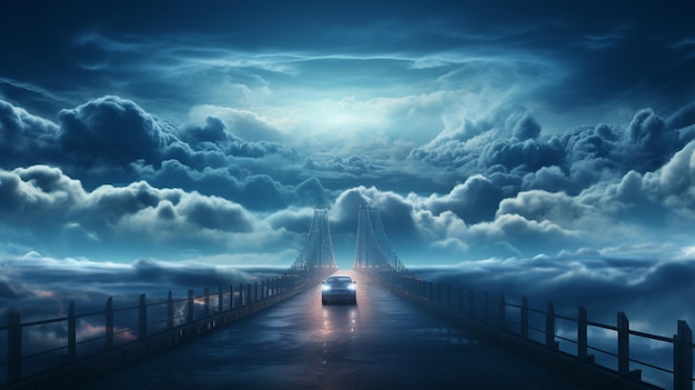 Un automóvil privado atravesando el puente con nubes en el cielo y efecto de luz azul neón con vista nocturna