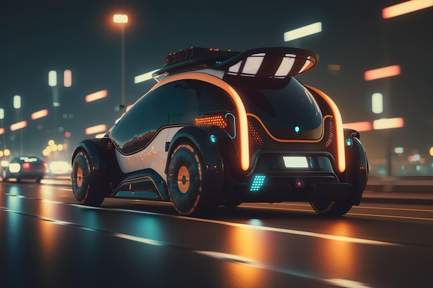 El automóvil recorre la vista trasera de la ciudad nocturna Automóvil deportivo Vehículo autónomo futurista Automóvil HUD IA generativa