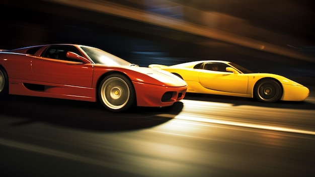 Un automóvil rojo conduce junto a un automóvil deportivo amarillo.