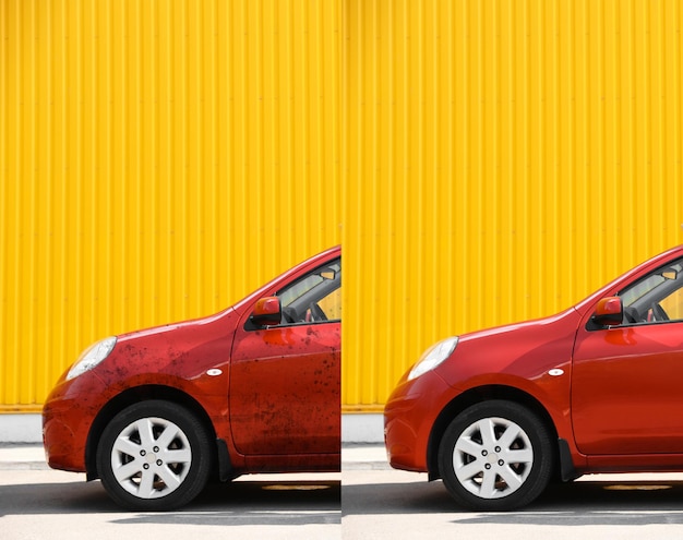 Foto automóvil rojo moderno antes y después de lavarse al aire libre