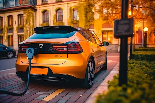 Un automóvil tesla naranja está conectado a una estación de carga.