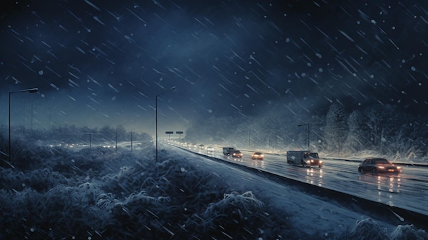 automóviles circulando por una carretera nevada por la noche con mucha nieve generativa ai