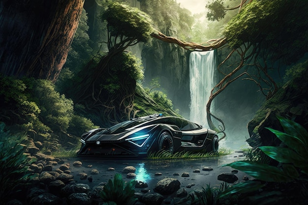 Automóviles futuristas atraviesan un frondoso bosque con una cascada al fondo