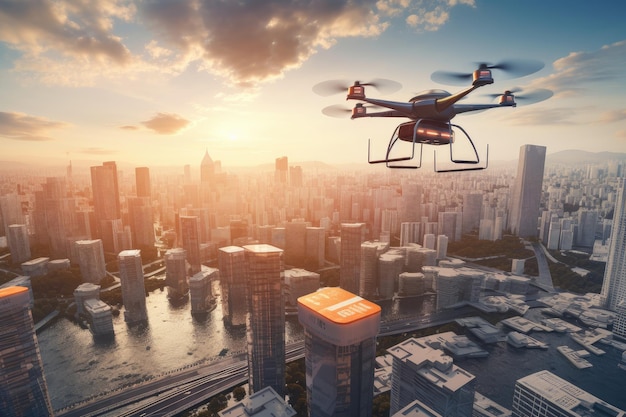 Autonome Drohnen transportieren Fracht in einer geschäftigen Stadtlandschaft, erstellt mit generativer KI