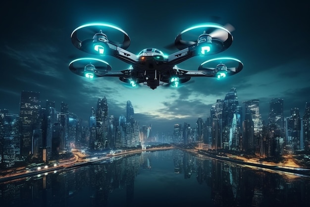Autonome Drohnenüberwachung in einer futuristischen MetropolexA
