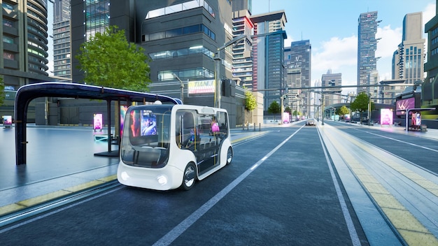 Autonomer Elektrobus in Smart City Metaverse oder Cyberpunk-Konzept 3D-Rendering