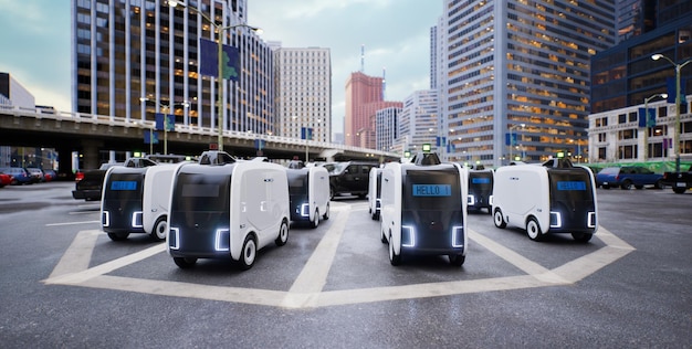 Autonomer Lieferroboter-Standby auf dem Parkplatz Intelligentes Logistiktechnologiekonzept 3D-Rendering