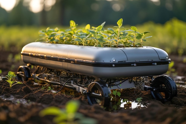 Autonomer Roboter-Gartenwagen mit Pflanzungen darauf Technologie bei Setzlingen