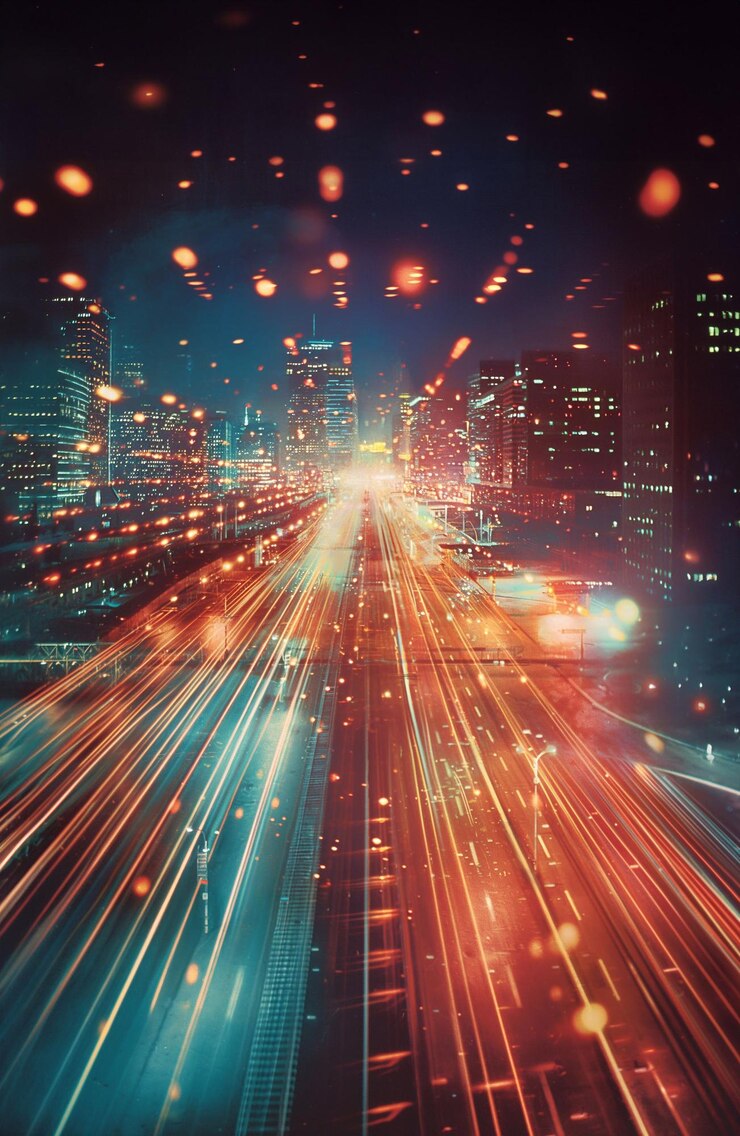 autopista en el futuro moderna gran ciudad de noche hermosas luces ai arte