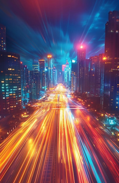 autopista en el futuro moderna gran ciudad de noche hermosas luces ai arte