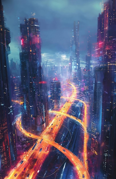 autopista en el futuro moderna gran ciudad de noche hermosas luces ai arte