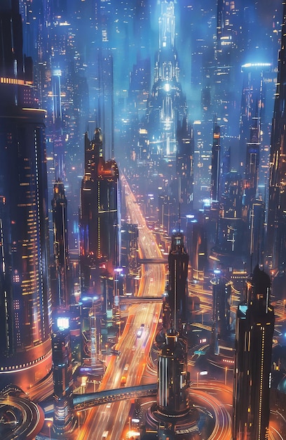 autopista en el futuro moderna gran ciudad de noche hermosas luces ai arte
