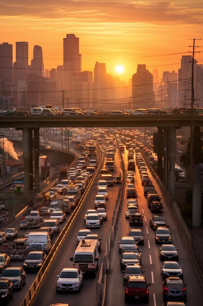 una autopista con muchos coches y uno con la palabra en él