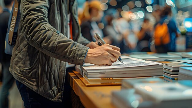 Foto autor de liderança de renome assinando livros na conferência compartilhando insights e experiências com aspiri