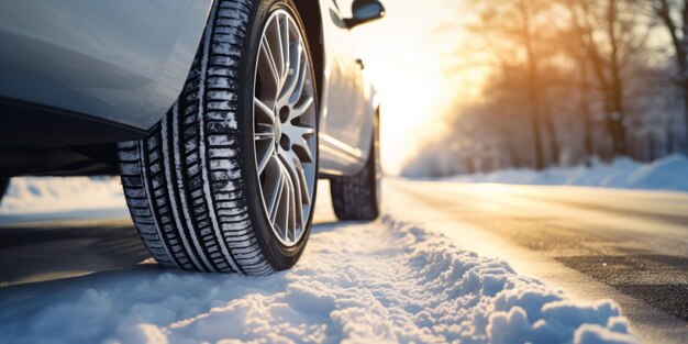 Autoräder mit Winterreifen in der Nähe einer schneebedeckten Straßenkopie