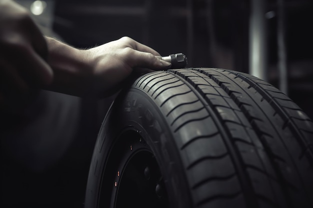 Autoreifenwerkstatt und Servicemechaniker halten neuen Reifen auf Garagenhintergrund