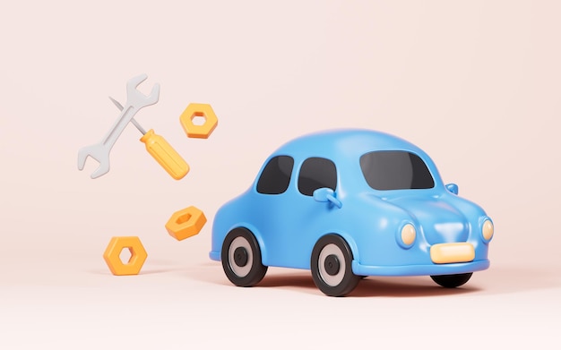 Autoreparatur mit Schraubenschlüssel auf gelbem Hintergrund, 3D-Darstellung der Automobilwartung