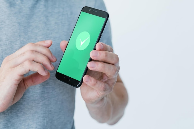 Autorización móvil Verificación de datos Acceso a la cuenta Hombre irreconocible que usa el teléfono con una marca de verificación verde de estado aprobado en la pantalla aislada en un espacio de copia neutral