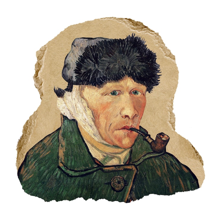 Foto autorretrato de png van gogh com adesivo de orelha e cachimbo vendido em fundo transparente de papel rasgado